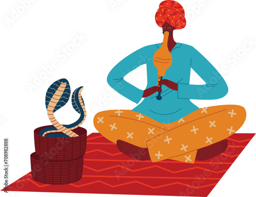 African man playing flute with cobra on rug. Snake charmer performs with serpent outdoors vector illustration.