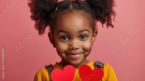 Little beautiful girl holding a heart shaped paper, Valentines day child theme photo