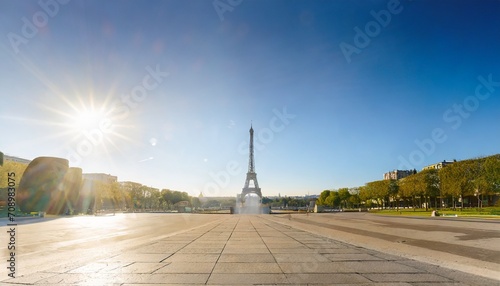 eiffel tower empty trocadero nobody in a clear summer morning in paris france