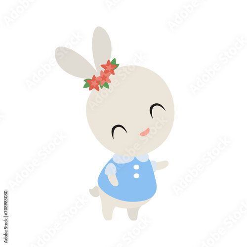 Cute Easter bunny girl in a blue dress with flower crown vector illustration