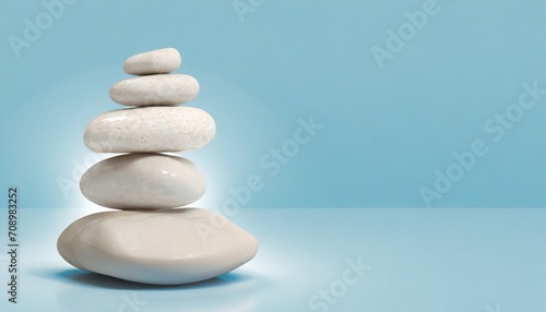 white sea pebble stone stack on light blue background