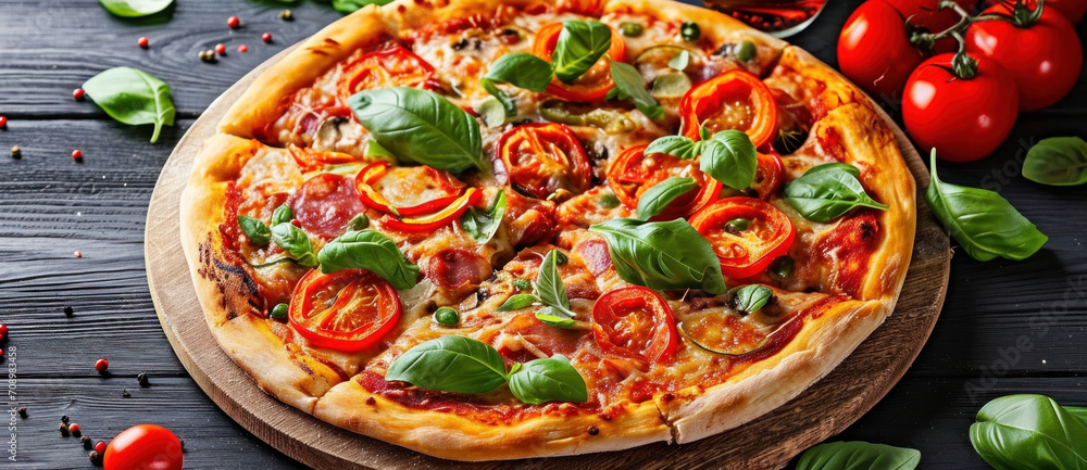 A freshly baked pizza adorned with ripe tomatoes and basil, a classic culinary delight that tantalizes the taste buds