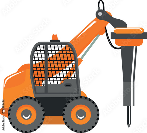 Mobile Quarry Truck with Hydraulic Jack Hammer Icon in Flat Style. Vector Illustration