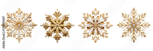 Set of 3D gold snowflake on a with background t on a transparent background 