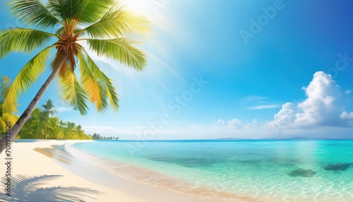 tropical island sea beach beautiful paradise nature panorama landscape coconut palm tree green leaves turquoise ocean water blue sky sun white cloud yellow sand summer holidays vacation travel
