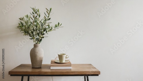 neutral mediterranean home design textured vase with olive tree branches cup of coffee books on wooden table living room still life empty wall copy space modern interior no people lateral view photo