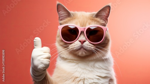 Cat wearing sunglasses and giving thumb up