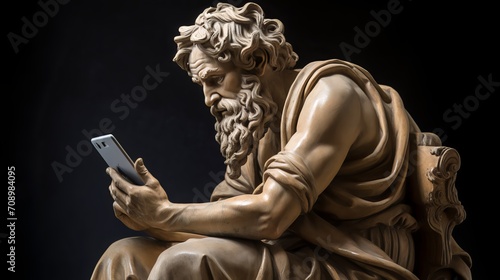 Ancient sculpture looking at a phone