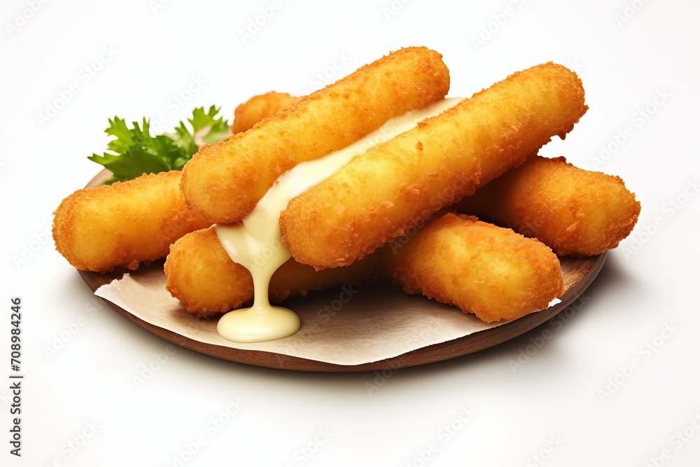fried mozzarella sticks with sauce on white background fried mozzarella sticks with sauce on white background