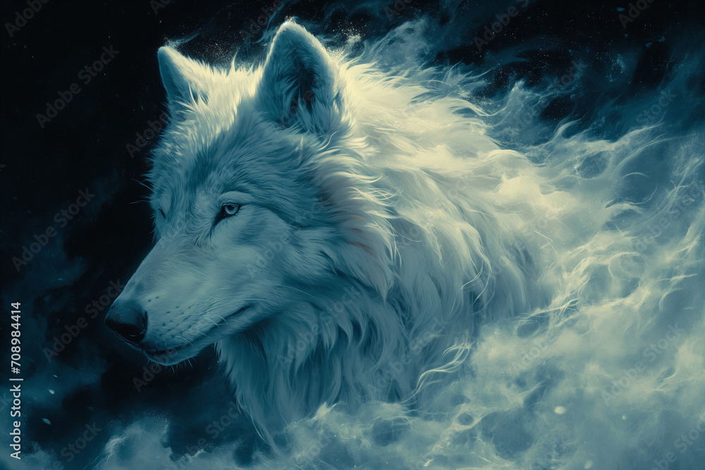 The White Wolf with Soft Blue Fur Amidst Wind Whispers