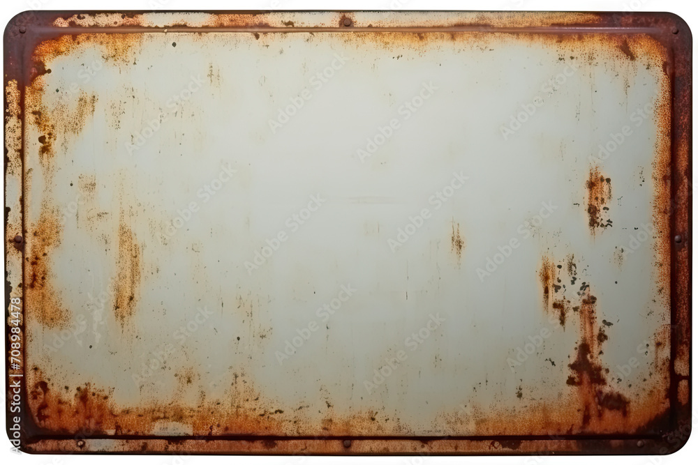 Rusty metal sign with a white background and a brown border. Suitable ...