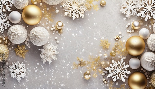 festive christmas background with white and gold snowflakes and pearls