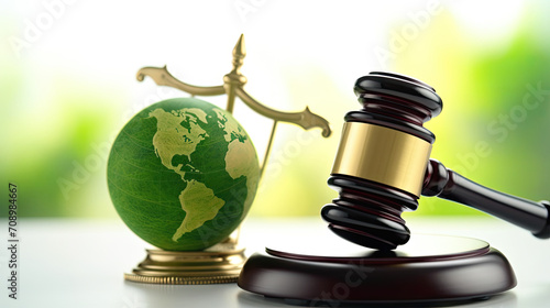A judge's gavel with a green globe on top, depicts a unique and global perspective on justice, ideal for environmental law, global justice, or sustainable development concept designs. photo