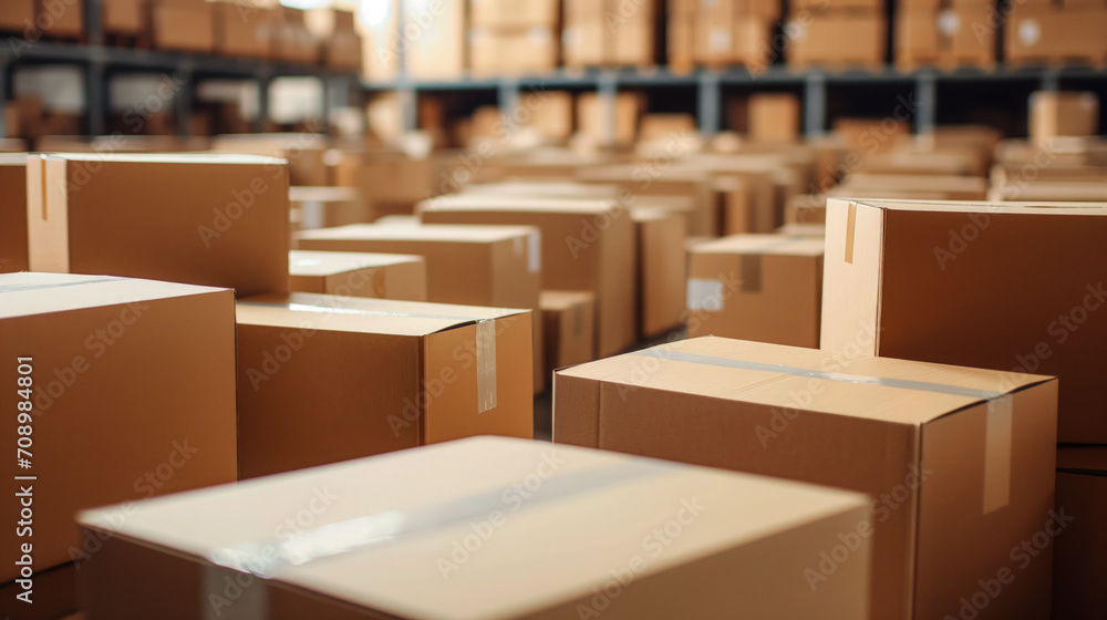 Warehouse full of cardboard boxes on shelves.