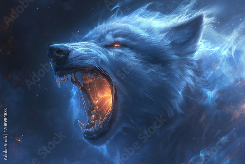A White Wolf Baring Teeth, Fiery Maw, and Billowing Fur Strikes Terror photo