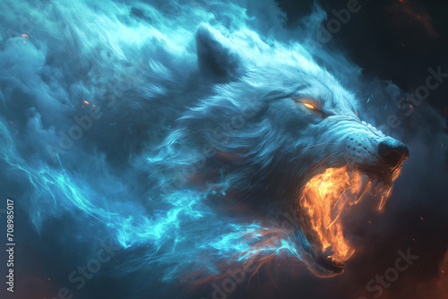 A White Wolf Baring Teeth, Fiery Maw, and Billowing Fur Strikes Terror