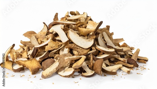 edible dried mushrooms pile on white background isolated close up heap of dry boletus edulis chopped brown cap boletus sliced penny bun pieces of cep porcino or porcini cutted white fungus photo