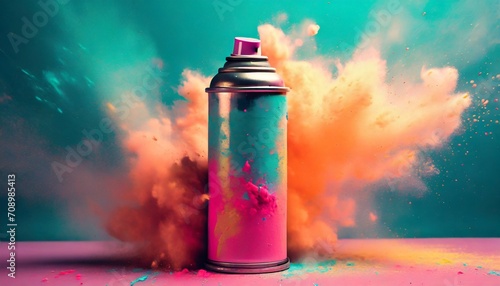 pink aerosol can with cloud of colored powders stock photo in the style of light orange and teal video glitches high quality photo colorful explosions striking composition psychedelic surrealism