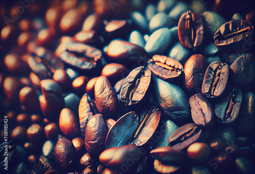 Coffee beans close up in the style of cross of cross processing.