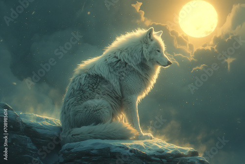 A White Wolf's Reverie Amidst Snowy Peaks and Lunar Brilliance