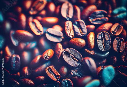 Coffee beans close up in the style of cross of cross processing.