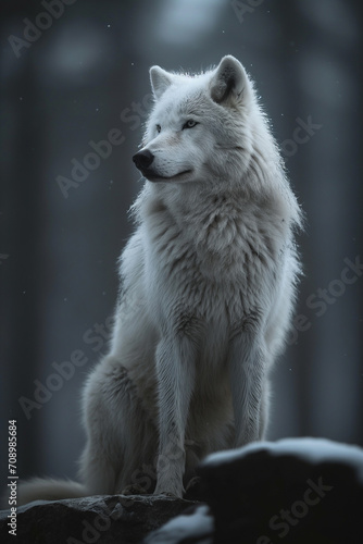A White Wolf s Close-Up Amidst Rocky Serenity with Bokeh Elegance