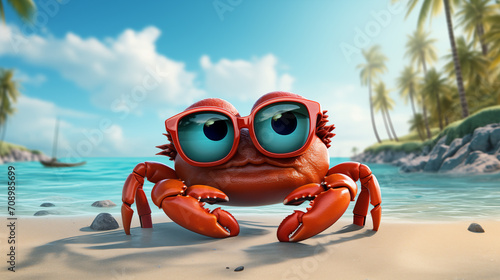 charming red cartoon crab with big expressive eyes donning oversized glasses on a sandy beach photo