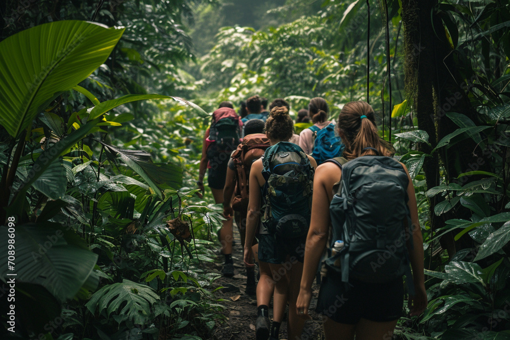 Group of friends embarking on an adventurous journey into the depths of the green, dense jungle, the spirit of exploration and unity evident in their determined stride, backpacks, boots, and sweat-soa
