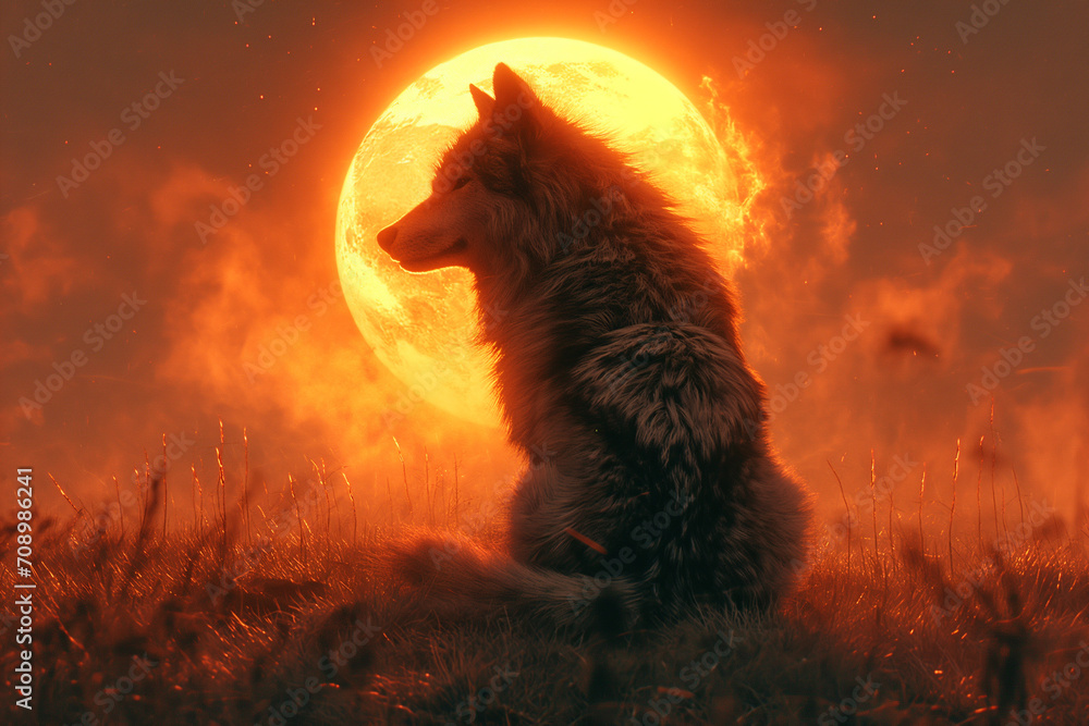 A Wolf in the Fiery Glow of the Orange-Red Moon, Silhouetted Against a Moonlit Meadow