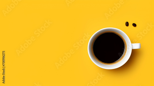 Top view of coffee cup on yellow and white background, copy space, generative ai