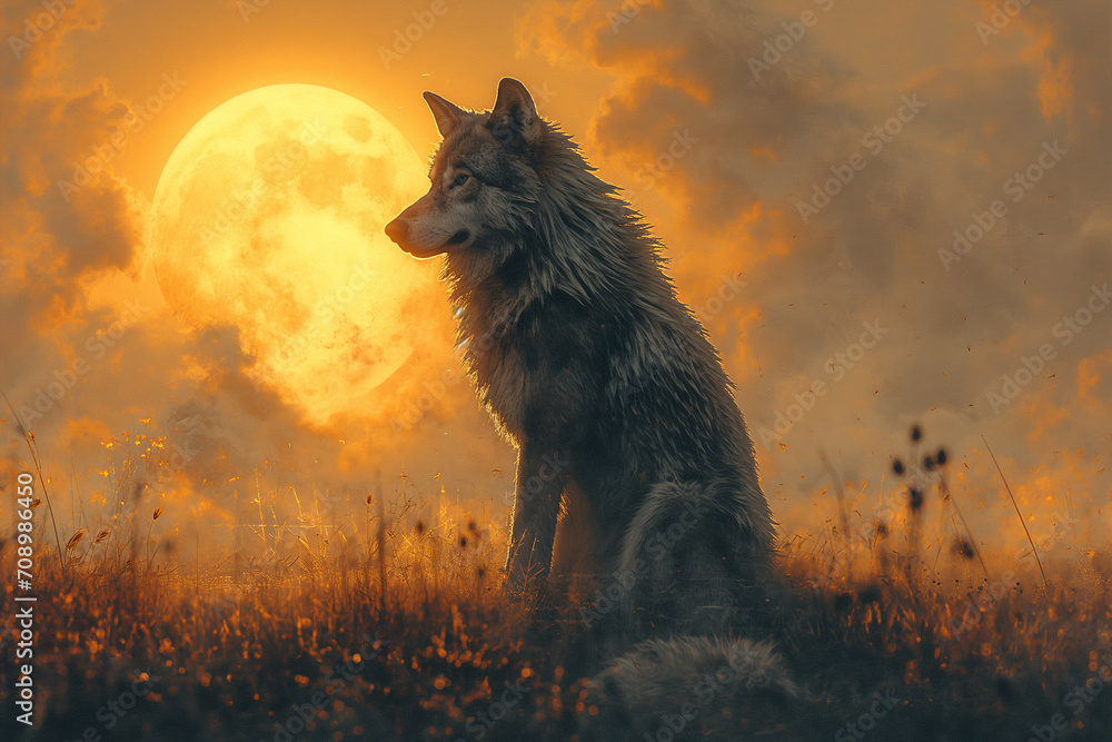 A Wolf in the Radiant Glow of the Orange-Yellow Moon, Seated on a Meadow with the Moon as a Backdrop A Wolf in the Radiant Glow of the Orange-Yellow Moon, Seated on a Meadow with the Moon as a Backdrop
