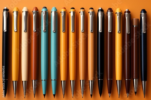 Aerial perspective of a diverse array of school pens on a light orange background