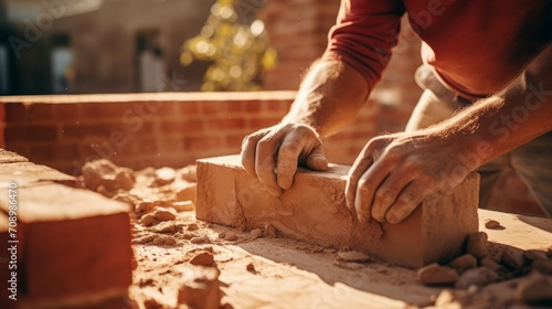 Close up of industrial bricklayer installing bricks on construction site