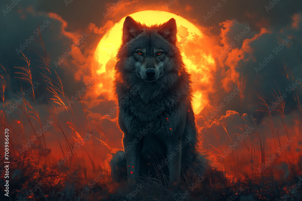 A Wolf Amidst the Radiance of the Fiery Orange-Yellow Moon