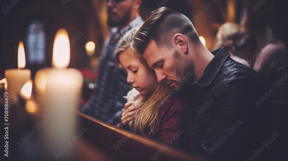 A father and daughter share a quiet moment of prayer in a church, reflecting a touching scene of faith and family bonds.