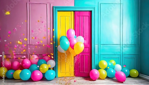 a colorful door with balloons coming out in the style of photorealistic still life light pink and azure colorful chaos