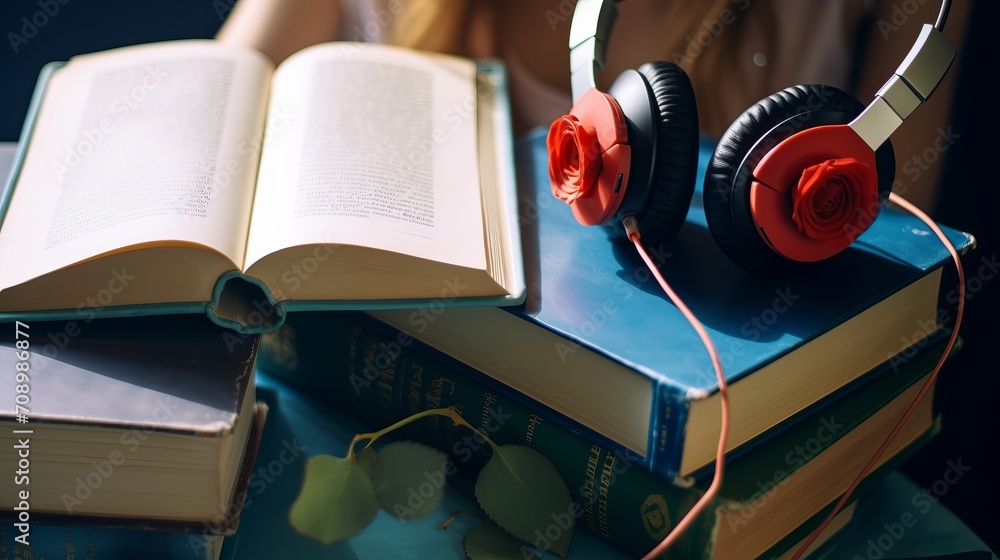 Modern headphones with hardcover book and roses composition on table. Audiobook concept or music for book reading.