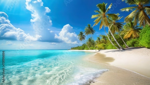 beautiful tropical beach sea waves white sand palm trees turquoise ocean against sunny blue sky clouds happy summer day perfect landscape background for relaxing vacation amazing maldives travel