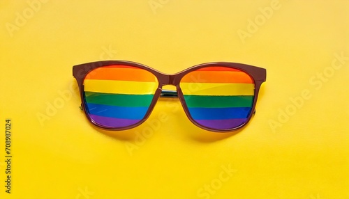 sunglasses lgbtq community flag colors yellow background close up rainbow pattern glasses lgbt pride people symbol gay lesbian etc love sign human diversity concept summer holidays fun accessory