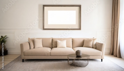 rustic interior design of modern living room with beige fabric sofa and cushions white wall with frame and space for text © Richard