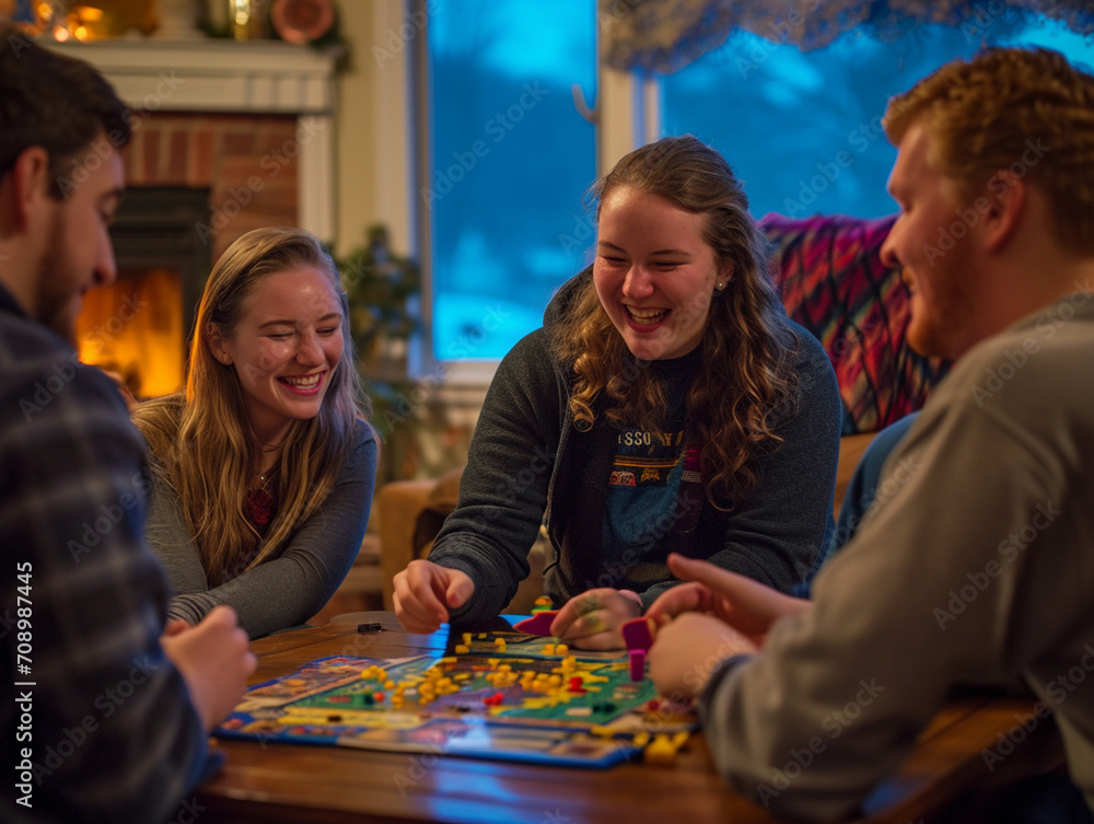 Fototapeta premium Joyful Diverse Group of Friends Playing Board Games in a Cozy Living Room During a Weekend Gathering, A Warm Moment of Friendship, Leisure and Togetherness Captured