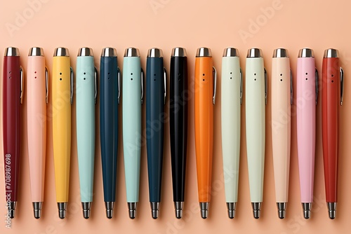 Aesthetic view of a diverse array of school pens against a light pink background