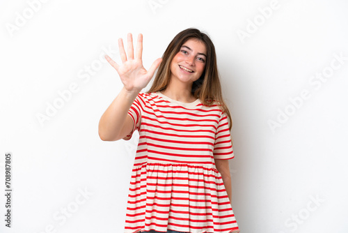 Young caucasian woman isolated on white background counting five with fingers