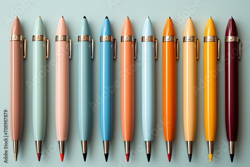 Aesthetic view of a diverse array of school pens against a light blue surface