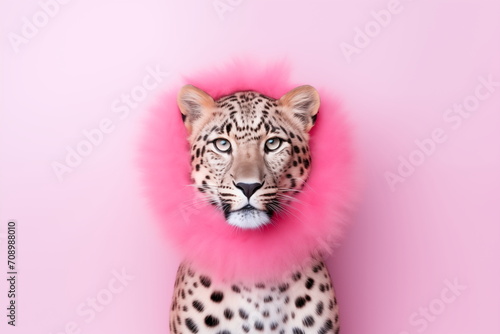 Close up portrait of a leopard with pink fur heart shaped collar on pink background. Concept of Valentines Day, Romance. For poster, billboard, card, postcard, ad