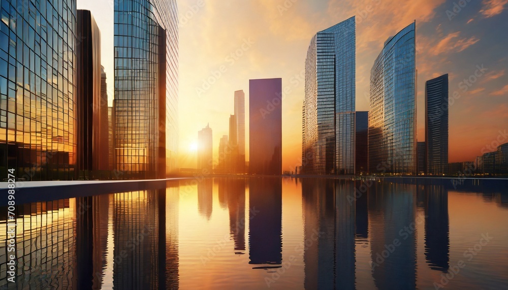 skyscrapers at sunset graphic perspective of buildings and reflections on water abstract architectural background for financial corporate and business brochure template