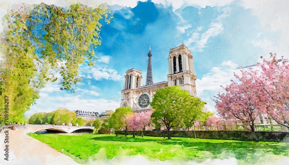 beautiful digital watercolor painting of the eiffel tower in paris france in spring