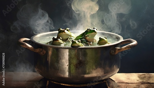 a group of calm frogs boiling in a pot with very hot water emitting steam to represent inactivity and passivity in the face of challenging social and political situations dark background