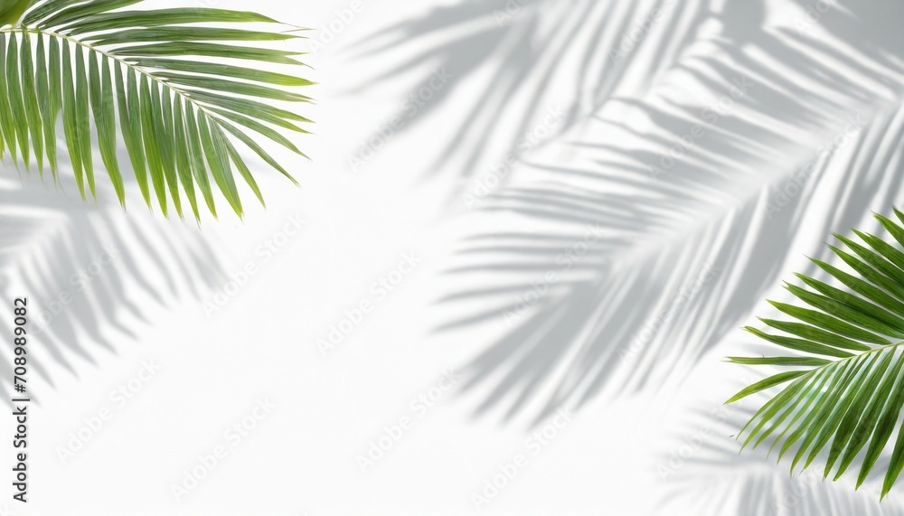 green palm tree leaf shadow white texture wall tropical leaves sunlight reflection background plant branch shade backdrop summer nature frame floral pattern foliage border decoration copy space