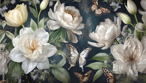 dark vintage with lovely flowers floral wallpaper with white lilies peonies tulips butterflies luxurious vintage floral background luxury design wallpaper fabric printing cloth paper mural